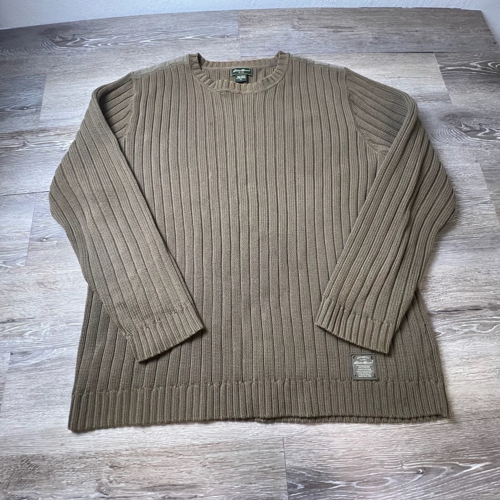 Eddie Bauer Sweater Mens XL Olive Green Ribbed Cotton Shoulder Patch Crewneck - Picture 1 of 8